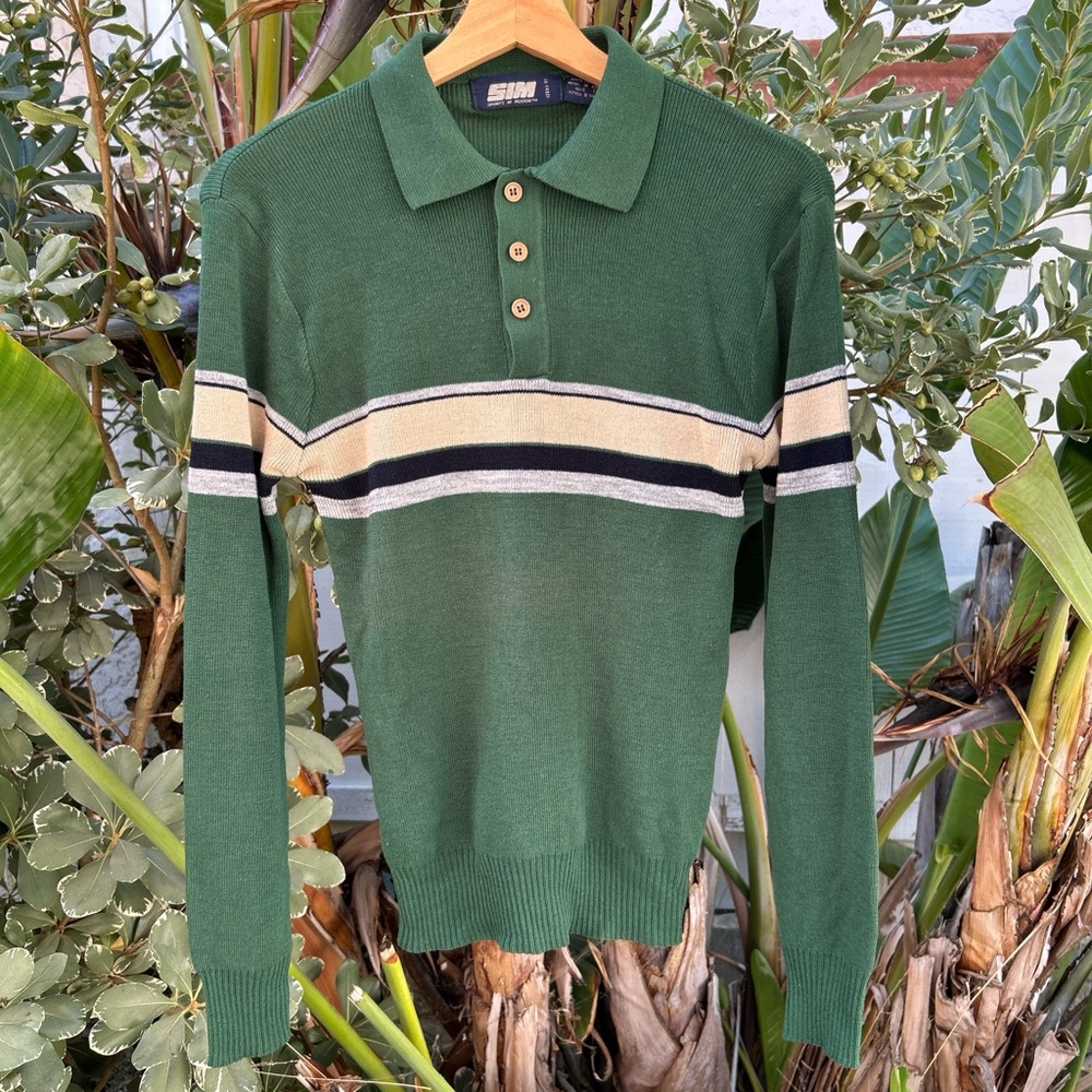 Vintage 1980s SIM Green Knit Polo Striped Long Sleeve Shirt Korea S